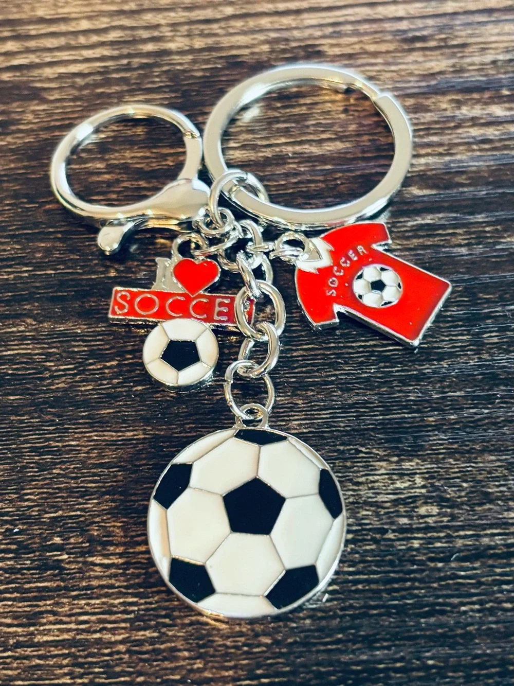 Soccer Keychain Charm‎ - Black & White with Red Accents- Silver Tone